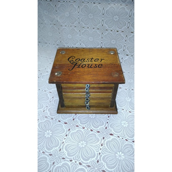 Vtg Coaster Wood & Cork House 8 Drink Coasters Leather Pull in Case Carrier (2) - Picture 6 of 6